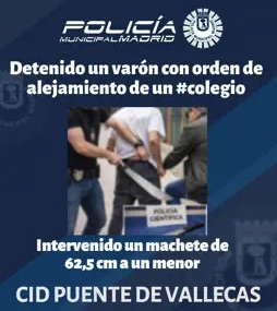 Detenido un joven en Vallecas con un machete de 62 cm oculto en el pantalón junto a un colegio con orden de alejamiento