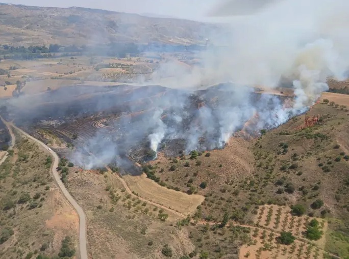 Declarado un incendio en Daroca (Zaragoza) que afecta a una zona agrícola y forestal en plena alerta roja por calor